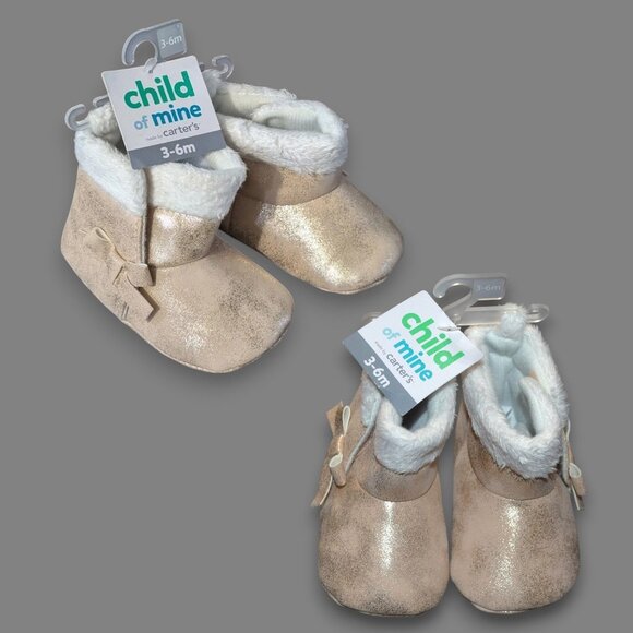 New! Child of Mine bY CARTER'S 3-6M Gold Sparkle Faux Fur Lined Boots Booties - Picture 1 of 5